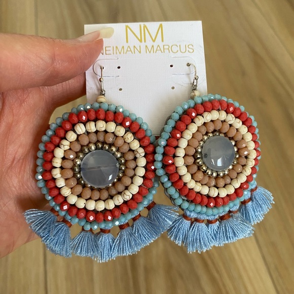 Neiman Marcus Statement Fran Drop Fringe Round Stone Bead Blue Red Cream NWT box - Picture 6 of 15